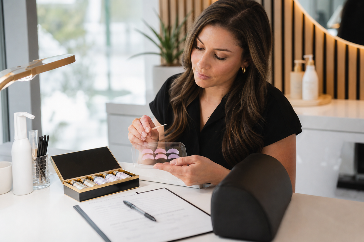 Lash artist reviewing lower-lash supplies and client notes at a salon workstation