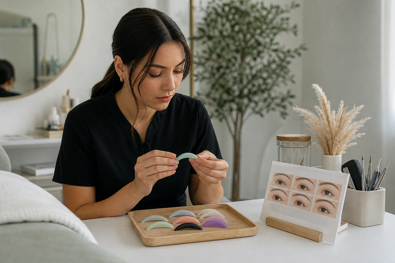 Licensed lash artist comparing silicone lash lift rods at a salon workstation